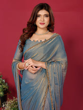 Blue satin silk saree with handwork